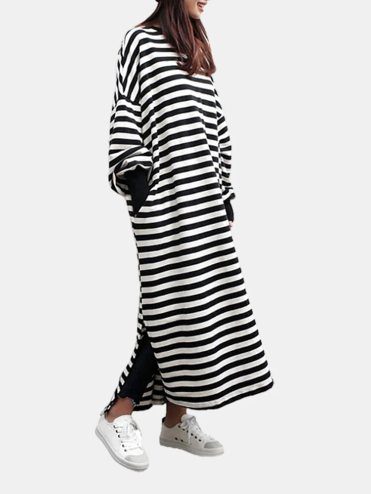 Casual O-neck Overhead Split Hem Long Sleeve Maxi Dress With Side Pockets 2 Casual O-neck Overhead Split Hem Long Sleeve Maxi Dress With Side Pockets - Image 2