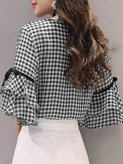 Plaid Knotted Patchwork Ruffle Sleeve Round Neck Blouse 9 Plaid Knotted Patchwork Ruffle Sleeve Round Neck Blouse -Zanzea Shop c8aa2beb 48ef 40b9 bf7d 213ed271e649