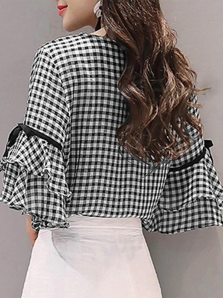 Plaid Knotted Patchwork Ruffle Sleeve Round Neck Blouse 4 Plaid Knotted Patchwork Ruffle Sleeve Round Neck Blouse - Image 4