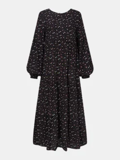 Women Ethnic Floral Print Patchwork Puff Long Sleeves O-neck Dress