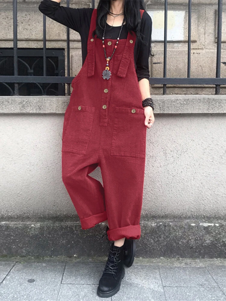 Solid Color Button Pocket Sleeveless Casual Corduroy Jumpsuit For Women 3 Solid Color Button Pocket Sleeveless Casual Corduroy Jumpsuit For Women - Image 3