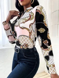 Chain Print Stand Collar Long Sleeve Blouse For Women -Zanzea Shop c9390152 bf7a 495d bdad 757ffcf20554