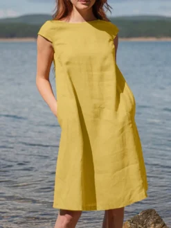 Women Solid Short Sleeve Pocket Crew Neck Dress