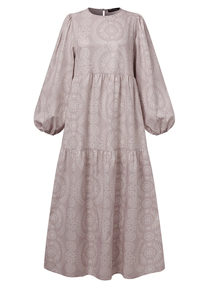 Print O-neck Puff Sleeve Plus Size Casual Dress For Women 2 Print O-neck Puff Sleeve Plus Size Casual Dress For Women - Image 2