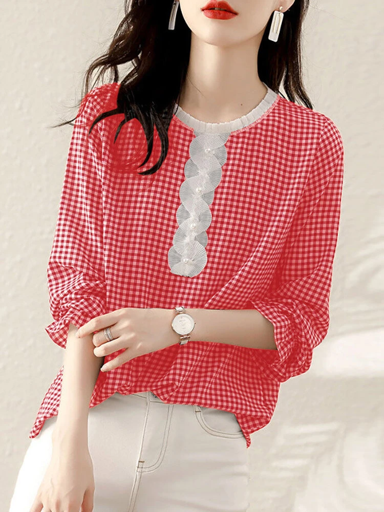 Check Print Long Sleeve Crew Neck Panel Blouse 5 Check Print Long Sleeve Crew Neck Panel Blouse - Image 5