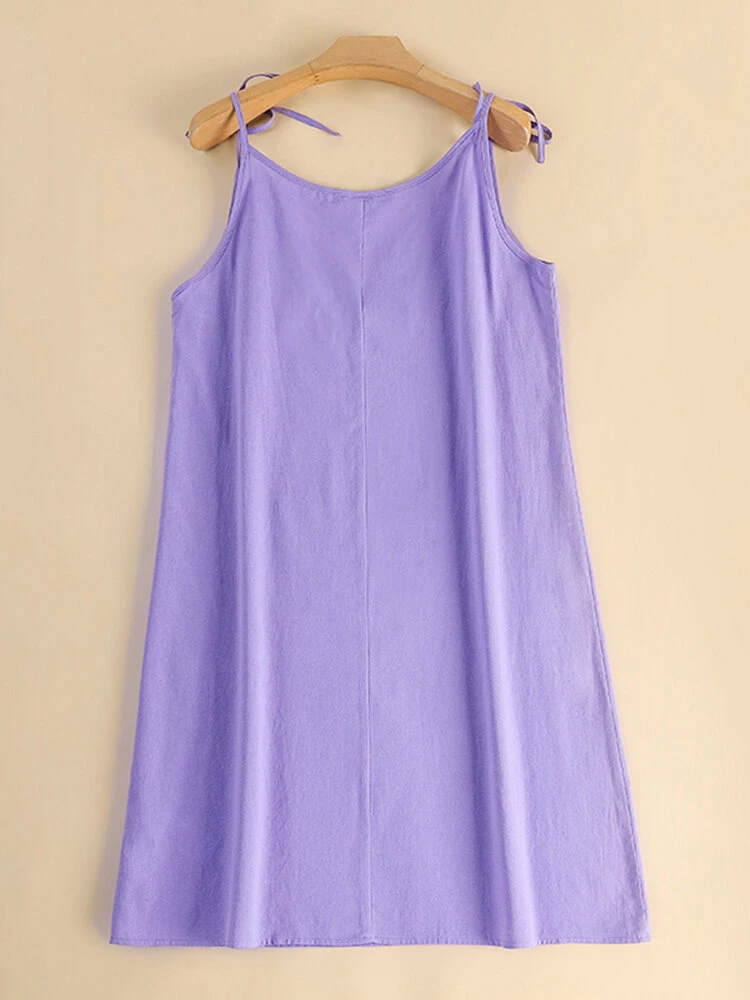 Women Solid Tie Spaghetti Strap Cotton Casual Dress 6 Women Solid Tie Spaghetti Strap Cotton Casual Dress - Image 6