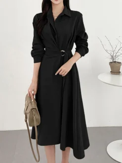 Solid Long Sleeve Belt Lapel Casual Dress