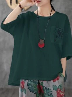 Flower Embroidery Pocket Half Sleeve Crew Neck Loose T-shirt 20 Flower Embroidery Pocket Half Sleeve Crew Neck Loose T-shirt -Zanzea Shop c9c91527 c74e 4b4a aae8 2e8d516b812a