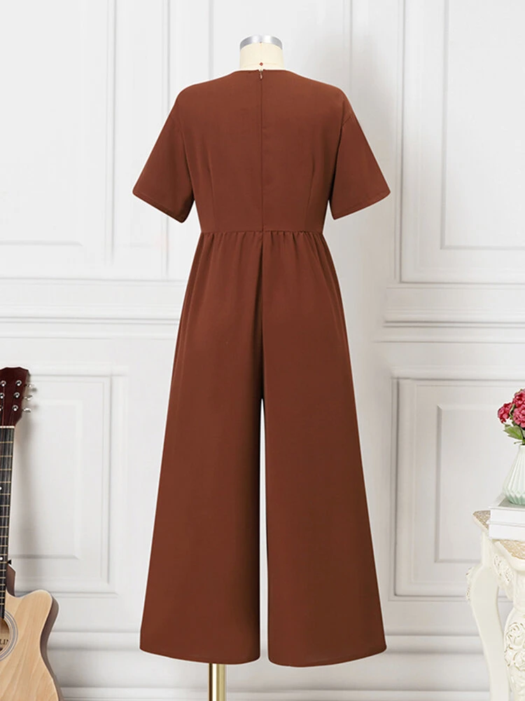 Women Solid Pleated Short Sleeve Wide Leg Jumpsuit 5 Women Solid Pleated Short Sleeve Wide Leg Jumpsuit - Image 5