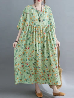 Allover Floral Print Crew Neck Loose Vintage Dress -Zanzea Shop ca3ee38c 6786 4fe5 a509 4bb88843104b