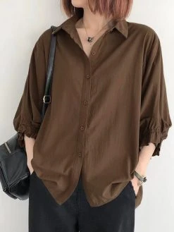 Solid Lapel 3/4/ Sleeve Button Front Casual Shirt -Zanzea Shop ca7bdfc6 ac13 4873 9f41 a240d4d0f817