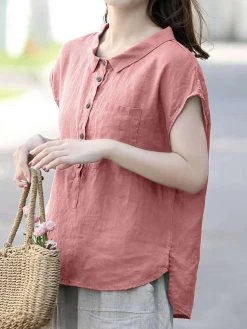 Solid Cotton Button Front Pocket Lapel Short Sleeve Blouse -Zanzea Shop ca8a5abc 86a1 490f 9d7d 1b9a607cee8e