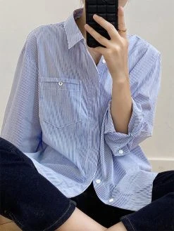 Stripe Pattern Button Front Long Sleeve Lapel Shirt -Zanzea Shop cab03dc7 533a 40ee a87c f3e1b5f22d21