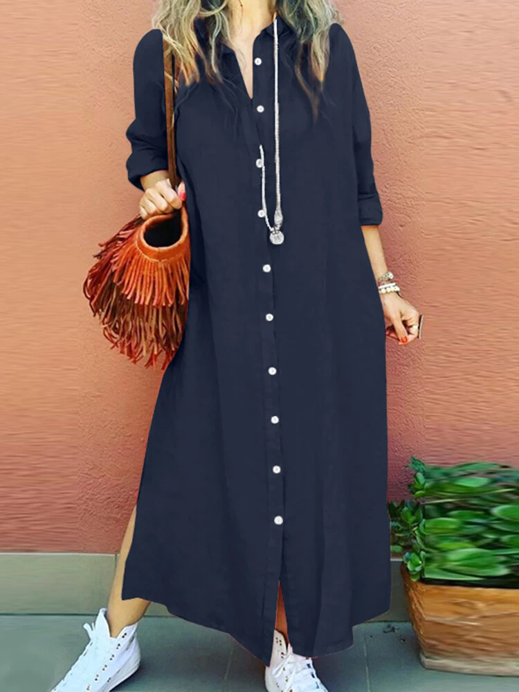 Solid Loose Slit Hem Button Long Sleeve Shirt Dress 2 Solid Loose Slit Hem Button Long Sleeve Shirt Dress - Image 2
