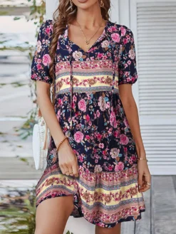 Bohemian Floral Print Short Sleeve V-neck Knotted Dress -Zanzea Shop cbacc0a6 c2e8 4580 a59d c8006c0b9e5a