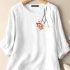 Flower Embroidery Crew Neck 3/4 Sleeve Casual Blouse