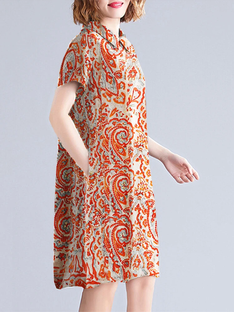 Women Allover Paisley Print Lapel Ethnic Short Sleeve Dress 2 Women Allover Paisley Print Lapel Ethnic Short Sleeve Dress - Image 2