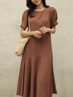 Cotton Solid Ruffle Short Sleeve Round Neck Casual Midi Dress