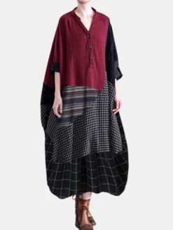 Vintage Striped Plaid Patchwork Plus Size Maxi Dress