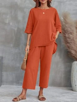 Women Solid Crew Neck High-Low Hem Cotton Co-ords