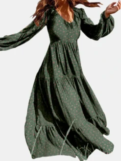 Floral Print Long Sleeves V-neck Casual Dress For Women