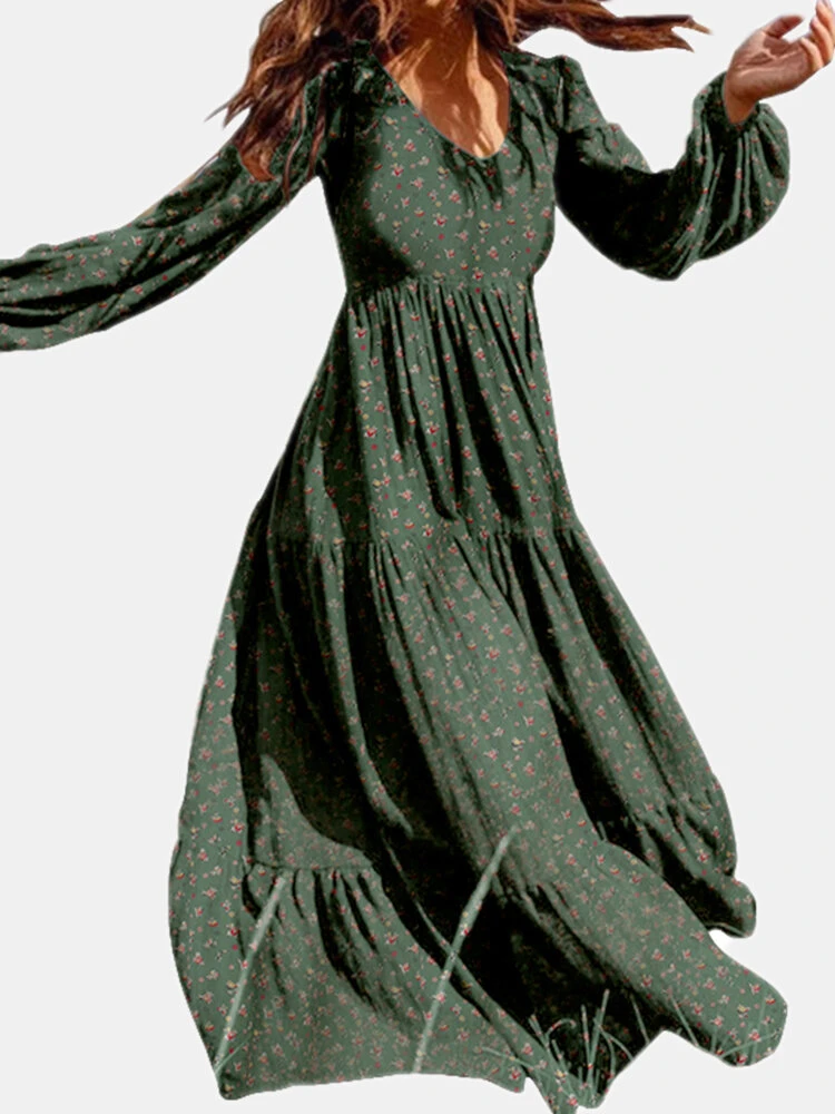 Floral Print Long Sleeves V-neck Casual Dress For Women 1 Floral Print Long Sleeves V-neck Casual Dress For Women