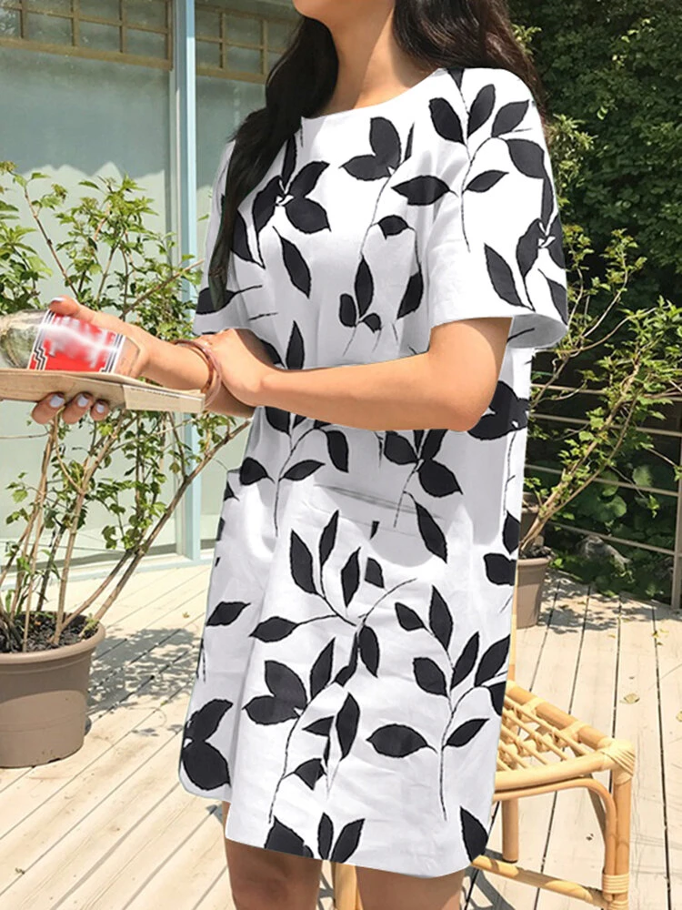 Leaves Print Pocket Crew Neck Short Sleeve Casual Dress 3 Leaves Print Pocket Crew Neck Short Sleeve Casual Dress - Image 3
