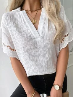 Solid Panel Half Sleeve V-neck Blouse For Women