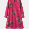Calico Print Stand Collar Long Sleeve Plus Size Button Dress For Women