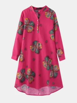 Calico Print Stand Collar Long Sleeve Plus Size Button Dress For Women