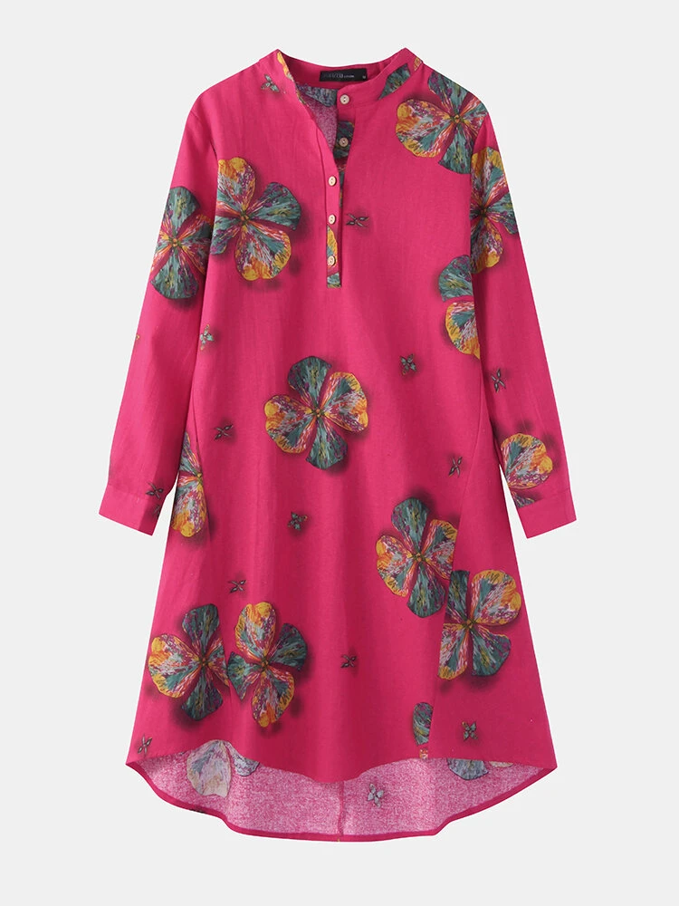 Calico Print Stand Collar Long Sleeve Plus Size Button Dress For Women 1 Calico Print Stand Collar Long Sleeve Plus Size Button Dress For Women