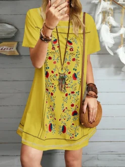Floral Print Short Sleeve Crew Neck Dress -Zanzea Shop cc4e0c1f abf6 463e 88b6 c18c3f58b96a