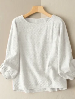 Lace Solid Long Sleeve Crew Neck Casual Blouse