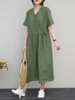 Women Solid Notched Neck Drawstring Waist Short Sleeve Dress