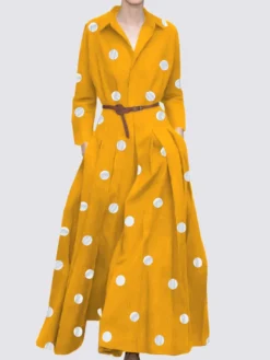 Polka Dot Print Pleated Pocket Long Sleeve Maxi Dress -Zanzea Shop cc8faff9 b774 4293 bbdc 7d9a20af1cc1