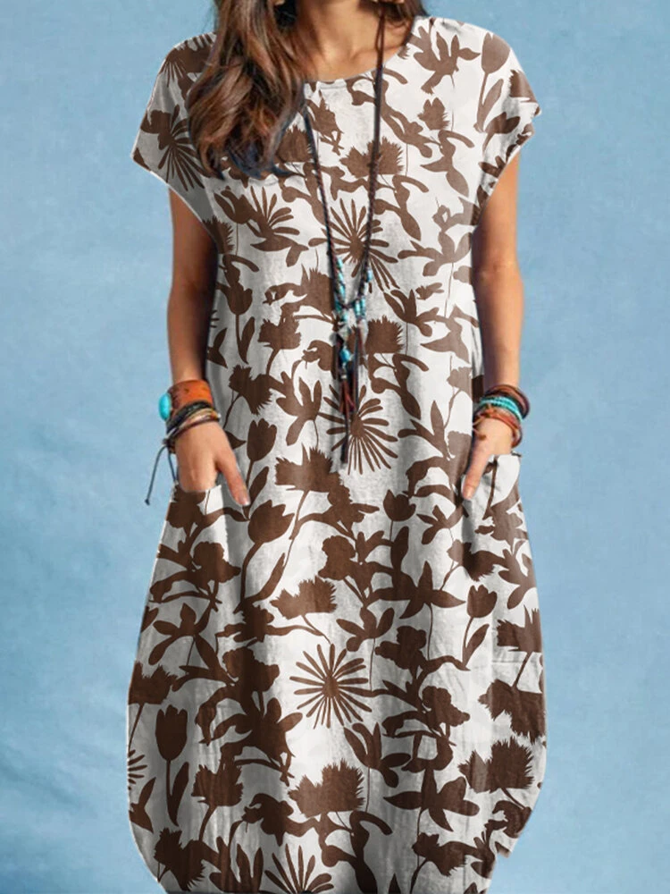 Plants Print Pocket Short Sleeve Crew Neck Casual Dress 7 Plants Print Pocket Short Sleeve Crew Neck Casual Dress - Image 7