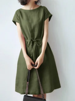 Solid Pocket Short Sleeve Crew Neck Dress With Belt -Zanzea Shop cca59c80 1865 41ef b6cb bed9c9d34a0e