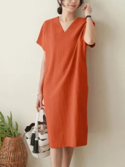 Cotton Solid Short Sleeve V Neck Casual Midi Dress -Zanzea Shop cca6d894 dd72 40f7 9689 4f6a1095103c