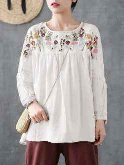 Vintage Flowers Embroidery Long Sleeve Plus Size Blouse