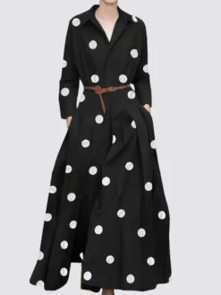 Polka Dot Print Pleated Pocket Long Sleeve Maxi Dress -Zanzea Shop ccdc852e 373e 4ba6 86e2 ff995b668feb