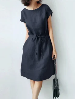Solid Pocket Short Sleeve Crew Neck Dress With Belt -Zanzea Shop ccdcaadd 0751 4801 8c58 4780098493d9