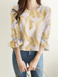 Marble Print 3/4 Sleeve Crew Neck Ruffle Blouse -Zanzea Shop ccdcd9bc 8dd9 4925 990a db65bd081fbf