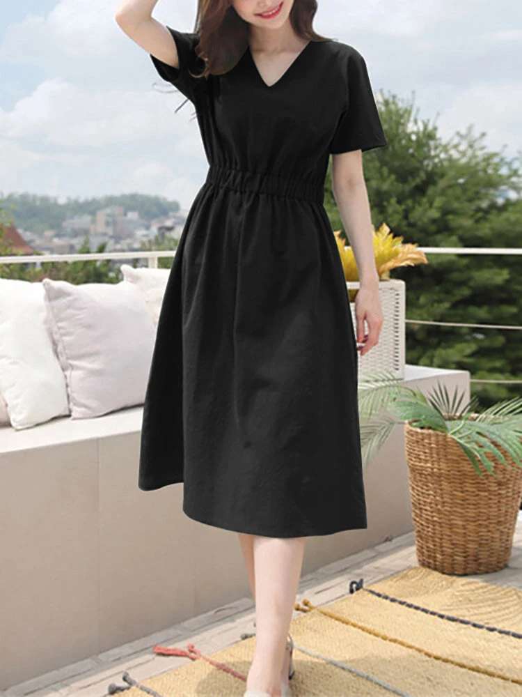 Solid Elastic Waist V-neck Short Sleeve Casual Dress 6 Solid Elastic Waist V-neck Short Sleeve Casual Dress - Image 6