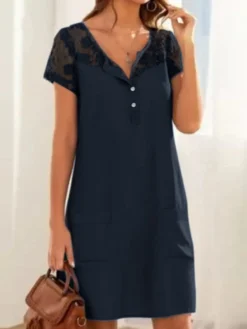 Solid Button Pocket Patchwork Hollow Out Short Sleeve Casual Dress -Zanzea Shop cd1f72b2 fbed 4c20 9e0d bda7c8ac5c49