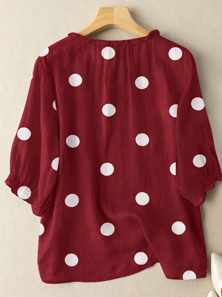 Women Dot Print 3/4 Sleeve Crew Neck Casual Blouse 8 Women Dot Print 3/4 Sleeve Crew Neck Casual Blouse - Image 8