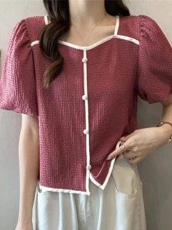 Contrast Square Collar Button Decor Short Sleeve Blouse -Zanzea Shop cd403f86 49a8 4f2f b63e ef1ae5b9e35e