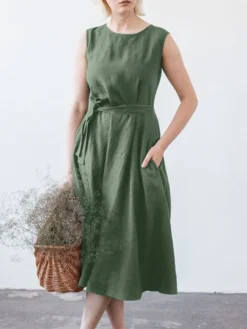 Solid Sleeveless Pocket Crew Neck Dress With Belt -Zanzea Shop cd42e01e 98f4 4b46 8970 1e9b4ce15d03