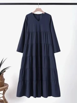 Solid V-neck Tiered Long Sleeve Casual Maxi Dress -Zanzea Shop cd4771ed b690 4e3d 9200 fa1619da4217