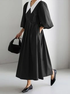Contrast Collar Pleated Pocket Lantern Sleeve Maxi Dress 23 Contrast Collar Pleated Pocket Lantern Sleeve Maxi Dress -Zanzea Shop cd49d6f4 e098 47c9 8f6e a46cd9c74e8f