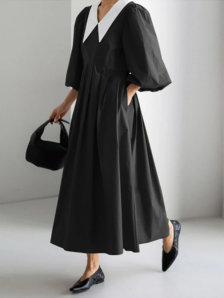Contrast Collar Pleated Pocket Lantern Sleeve Maxi Dress 12 Contrast Collar Pleated Pocket Lantern Sleeve Maxi Dress - Image 12